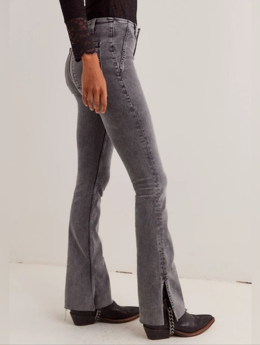 We The Free People Level Up Slit Slim Flare Jeans Ridge Grey Chic Raw Hem Sz 28
